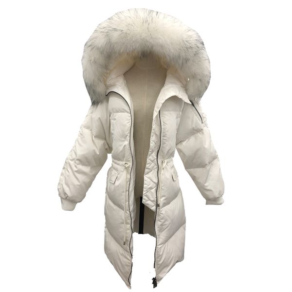 

large size down jackets women winter warm real big raccoon fur hooded coats overcoat female real fur down jacket, Black