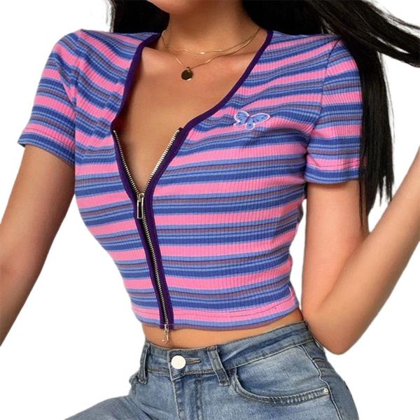 

women butterfly short sleeve striped tank outwear crop 2020 new women open stitch front zipper deep v-neck t-shirt, White