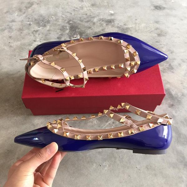 

brand women pumps pointed toe flat fashion women shoes rivets genuine leather ankle strap sandals shoes 35-41, Black