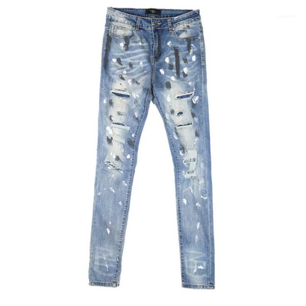 

disttressed slim fashion male trousers rhinestone splashing ink boys pencil pants 2020 spring mens hole jeans ripped, Blue