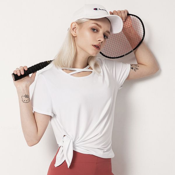 

women yoga shirts split sportwear running fitness t-shirts cross strap quick dry loose sports tee female gym workout blouse, White;red