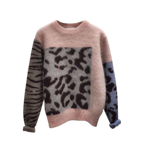 

leopord pattern sweater women's autumn winter 2019 new style women's clothing versatile indie very fairy of mohair candy-colored, White;black