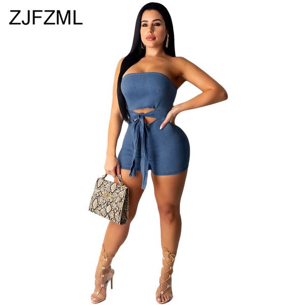 

strapless tie up denim playsuit women backless cut out skinny one piece party rompers summer sleeveless bandage jumpsuit, Black;white