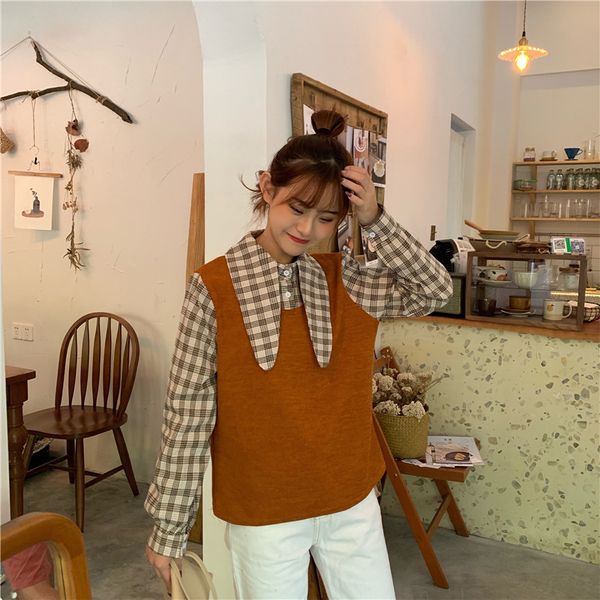 

new autumn preppy full sleeve patchwork slim anglo-american + 5 western style fashion two piece blouse shirt 18055, White