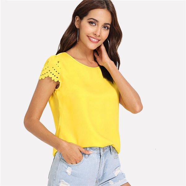 

women blouse women blouses yellow scallop laser cut cap sleeve hollow out button casual shirt summer blouse and, White