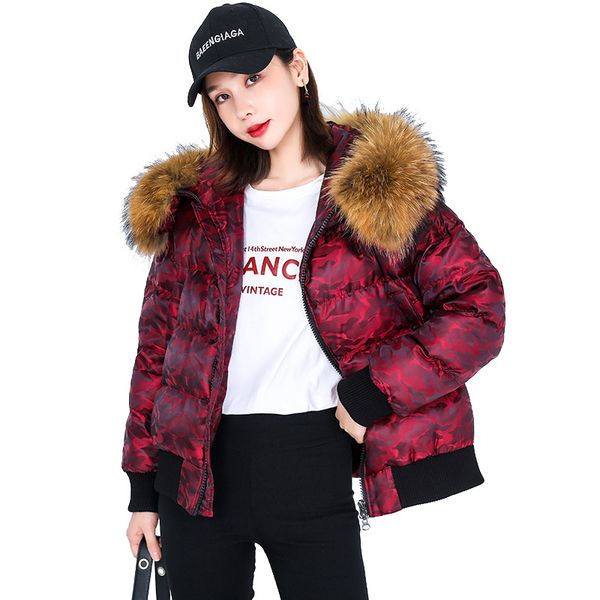 

winter thicken warm short white duck down jackets with real raccoon fur collar high end hooded camouflage print women's coat, Black