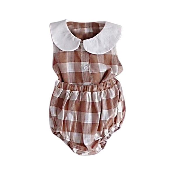 

summer baby girl casual sleeveless plaid + briefs pp shorts kids outfits set, White