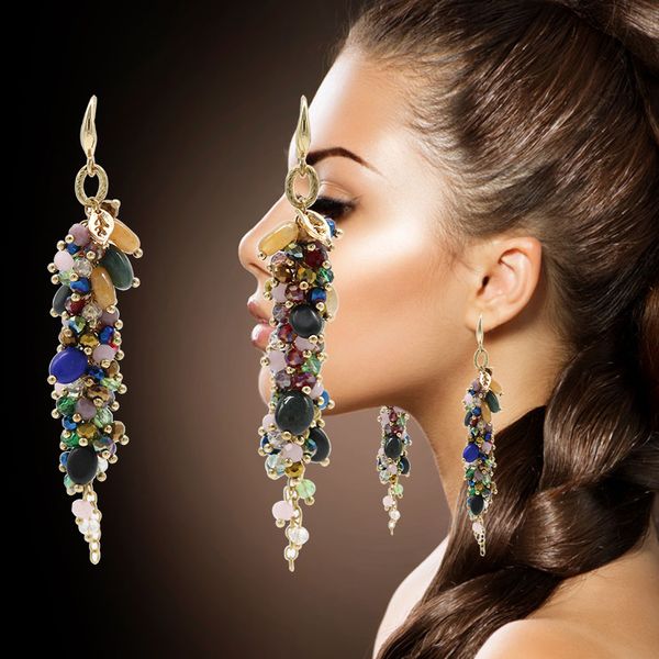 

natural stone crystal beaded tassel earrings 2020 hanging long earrings for women handmade fringe earrings fashion jewelry, Golden