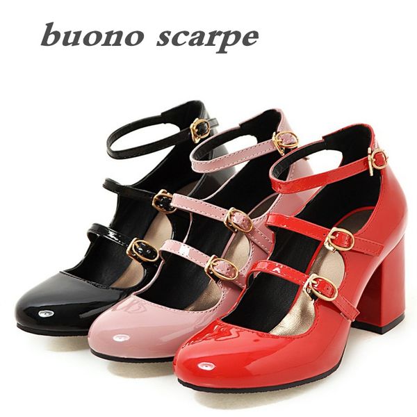 

autumn new thick with patent leather buckle women's single shoes large size 40-43 yards women's shoes, Black