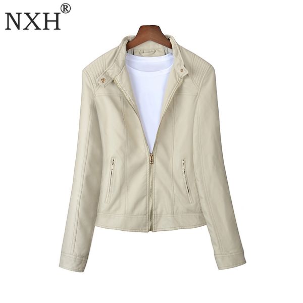 

nxh 2018 real p spring and autumn womens pu leather jacket ladies slim short basic zipper coat s m  xl, Black;brown