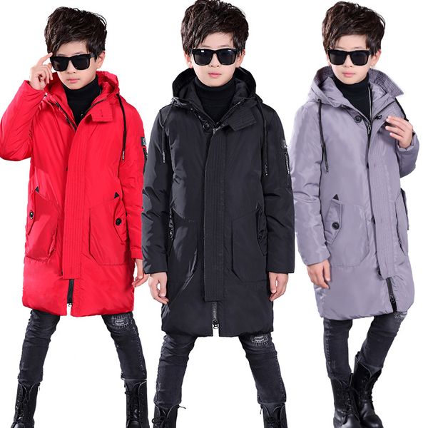 

7-16 years boys long white duck down coat jacket winter 2018 new fashion thick warm solid hooded outerwear black / gray / red, Blue;gray