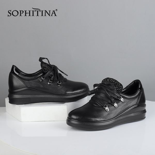 

sophitina solid fashion flats genuine leather comfortable metal decoration new shoes round toe women's flats sc557, Black