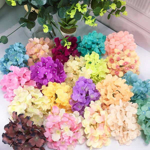 

new 100pcs 21colors 15cm artificial hydrangea flower heads diy wedding bouquet flowers head wreath garland home decoration ybml03