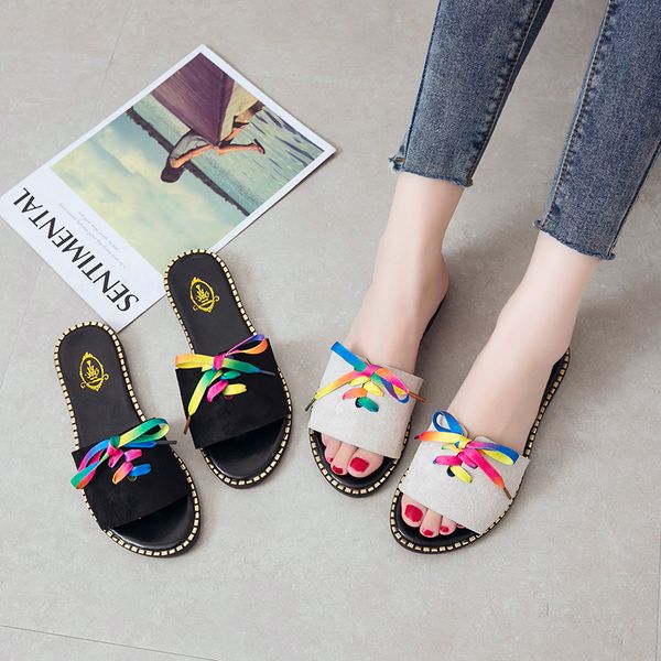 

womens sandals 2019 new lace up slippers womens summer fashion wear one face slippers suede net red half drag, Black