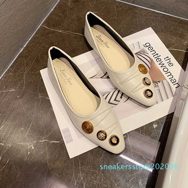 

forenjoy single shoes women 2020 spring new button flat bottom wild grandma shoes pointed shallow mouth women's tide s06, Black