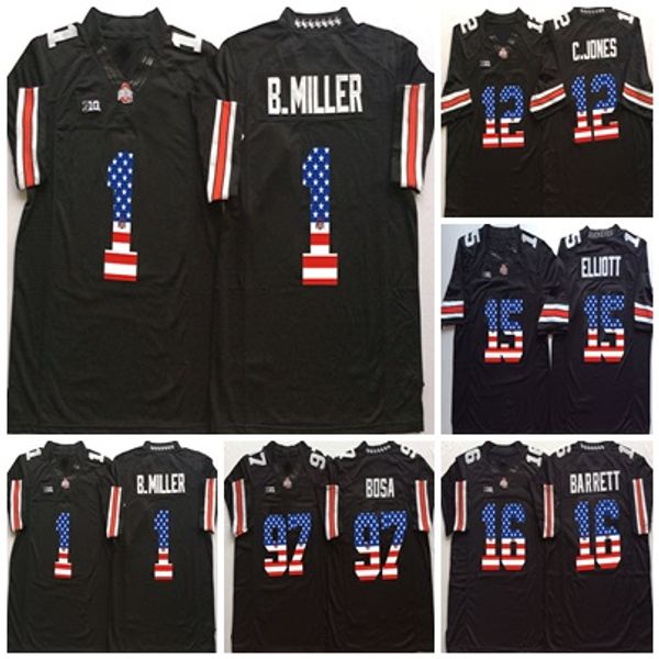 

дешевые мужские на заказ штат огайо buckeyes 1 б. миллер 12 с. джонс 15 эллиотт 16 барретт 97 боза блэк2 сшитые с флагом сша футбольные майк, Black;red