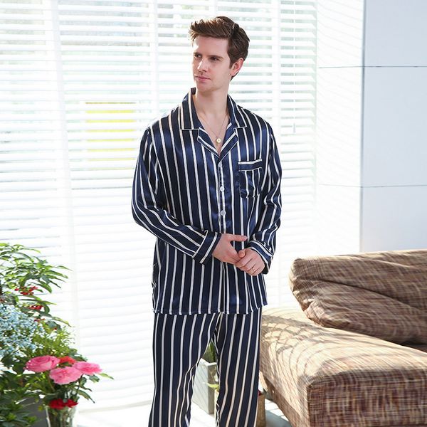 

puimentiua couple pajama sets silk satin pijamas striped sleepwear home suit pyjama sets for lover man woman lovers' clothes, Black;brown