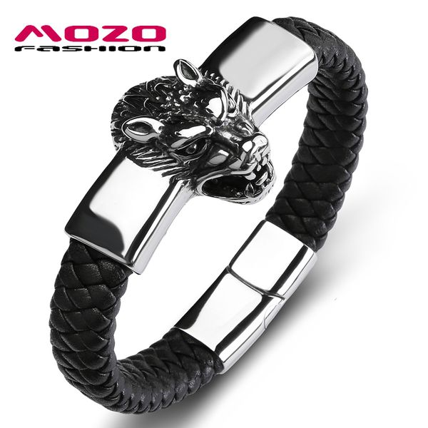 

mozo fashion 2020 trendy men lion зверем браслет из натуральной кожи из нержавеющей стали браслеты человек collocation punk манжета ювелирны, Golden;silver