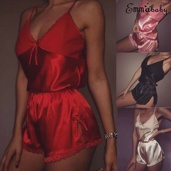 

2pcs set women satin lace sling v-neck sleepwear babydoll lingerie nightdress pajamas, Black;red