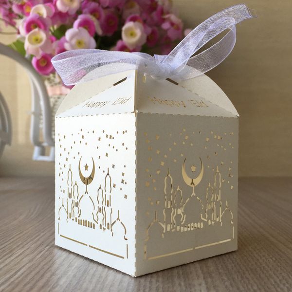 

100pcs /lot custom eid bubarak traditional festival candy boxes birthday party greeting chocolate box design with ribbon