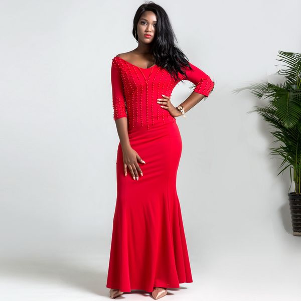 

2019 women red mermaid dress 3/4 sleeve v neck beading patchwork ladies evening party dinner maxi gown long bodycon dress, Black;pink