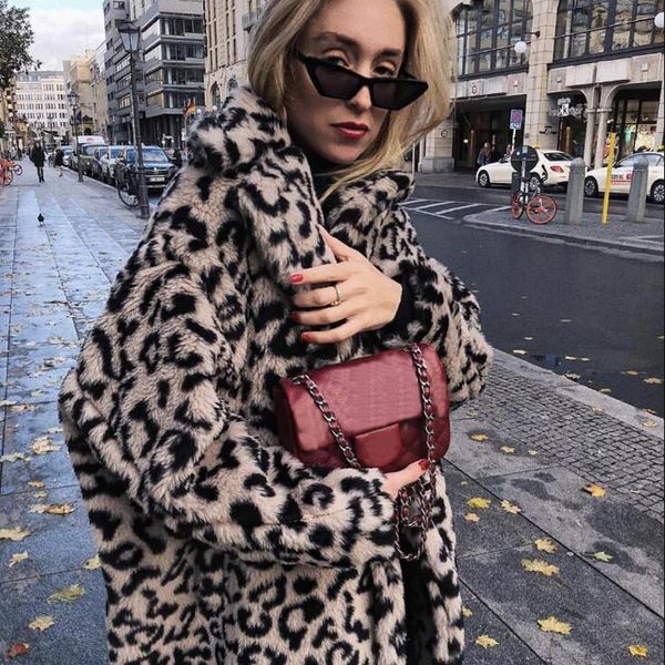 

luxury fashion leopard long teddy bear jackets coats women 2018 winter thick warm outerwear brand fashion faux fur coat female, Black