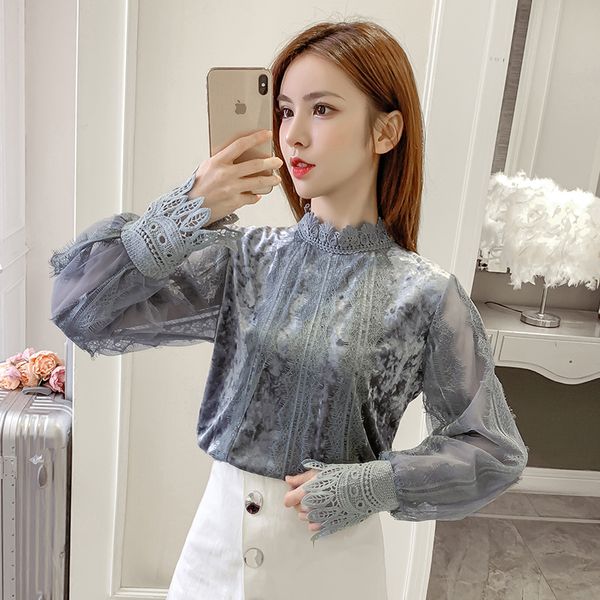 

2019 new women shirts stand neck full sleeve loose patchwork pleuche lace perspective blouse shirt white blue 3019