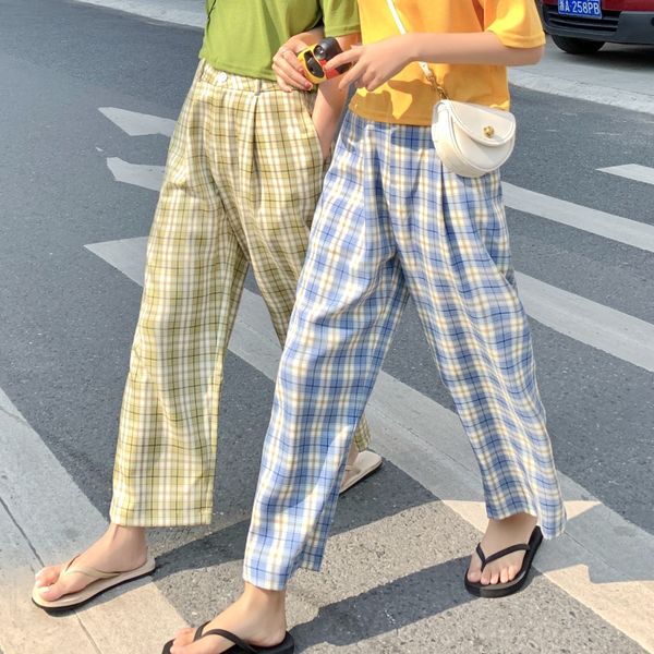 

vintage chic loose plaid wide leg straight pants women's buttom korean punk harajuku ulzzang female cute vintage kawaii trousers, Black;white