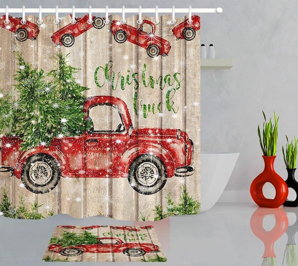 

red truck christmas tree shower curtain bathroom bathtub decor curtains polyester waterproof fabric 12 hooks & bath doormat