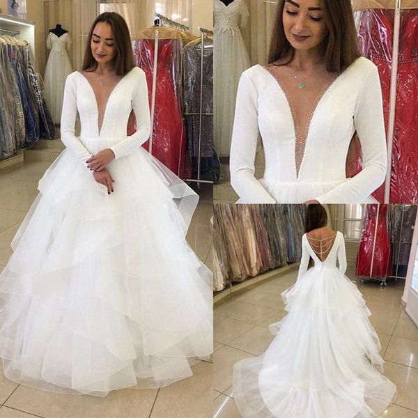 Discount 2020 Deep V Neck Sexy Wedding Dresses Long Sleeves Beaded