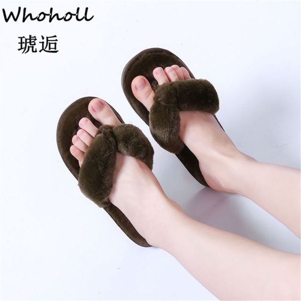 

whoholl winter women home slippers with faux fur fashion warm shoes woman slip on flats female slides black pink plus size 35-40