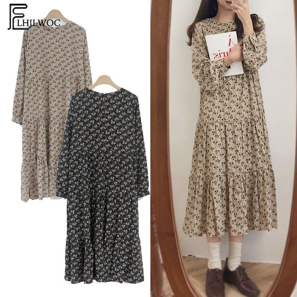 

casual dresses women preppy style japan cute sweet girls loose o neck floral printed ruffled vintage dress 4511, Black;pink