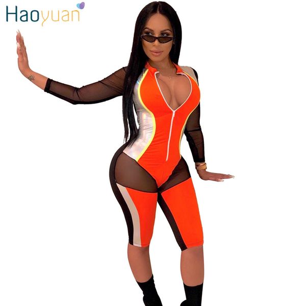 

haoyuan pu gilding sheer mesh patchwork short jumpsuit women zipper v neck bodycon overalls rompers club party playsuit, Black;white