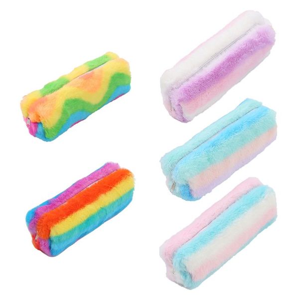

1 pc cute kawaii rainbow plush pencil pen bag zipper strip makeup pouch stationery