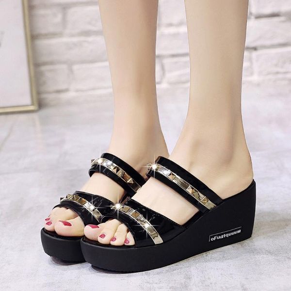 

platform wedge heel rhinestone slippers woman shoes new arrival women's summer footwear non-slip crystal platform slipper woman, Black