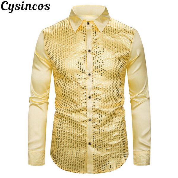 

cysincos 2019 gold sequin glitter shirts men new fashion night club silk satin camisa slim fit stage disco singer chemise homme, White;black