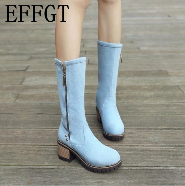 

effgt new women high heel boots spring autumn female boots mid-calf high heels shoes jeans western zipper a326, Black