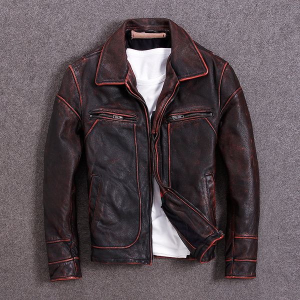 

american casual wear vintage genuine leather jackets plus size vintage brown cow leather men coat, Black
