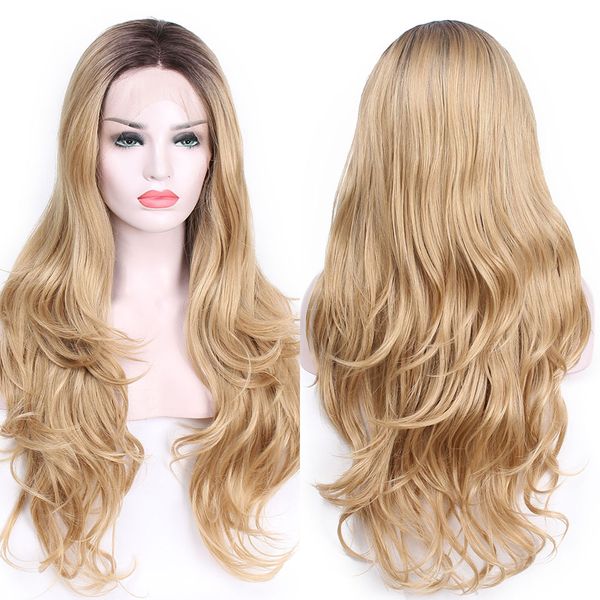 26inch Dark Roots Full Blonde Ombre Body Wave Wigs Hair Glueless Synthetic Lace Front Wig For Women Heat Resistant Fiber Short Hair Wigs Red Wig From