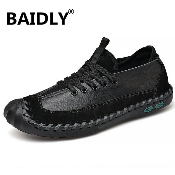

men loafers genuine leather soft men's shoes breathable outdoor anti-skid casual lace up mens lazy footwear flat big size, Black