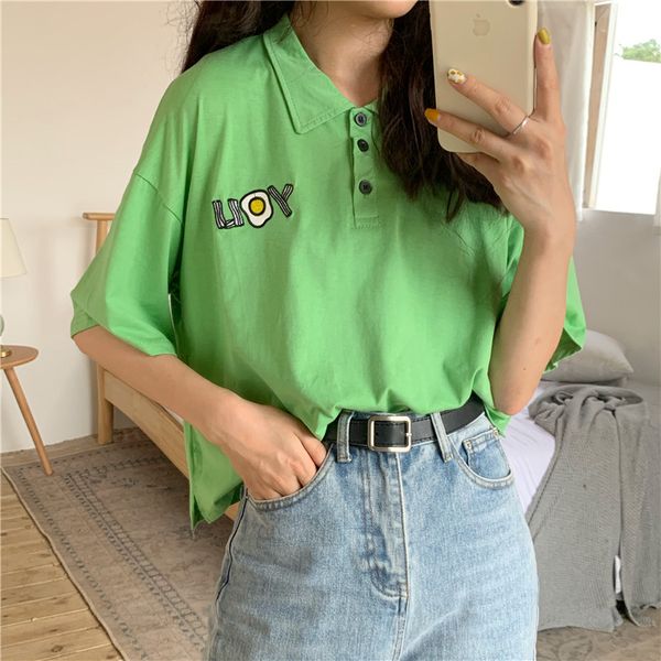 

korean women's shirt loose embroidery letters cute short sleeve collar t-shirt girl green white