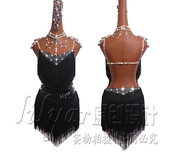 

custom new latin dance performance costume short fringe high thin black sling tassel rhinestone dress for woman, Black;red