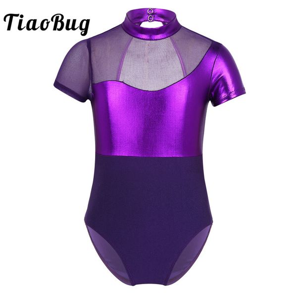 

tiaobug kids teens short sleeve mesh splice ballet leotard girls shiny metallic stage dance costume gymnastics leotard dancewear, Black;red