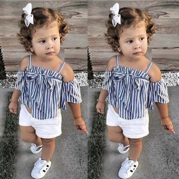 

adorable girls clothing sets 2019 summer kids clothes striped chiffon halter+white shorts straw children clothing
