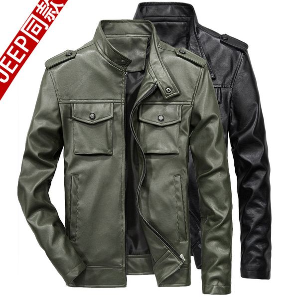 

2020 men more pockets leisure young fur collar with double breast pocket pu leather, Black