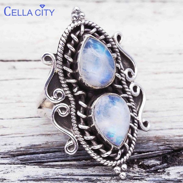 

cellacity vintage thai silver 925 ring for women fine jewelry with water drop shaped moonstone gemstones female party rings gift, Golden;silver
