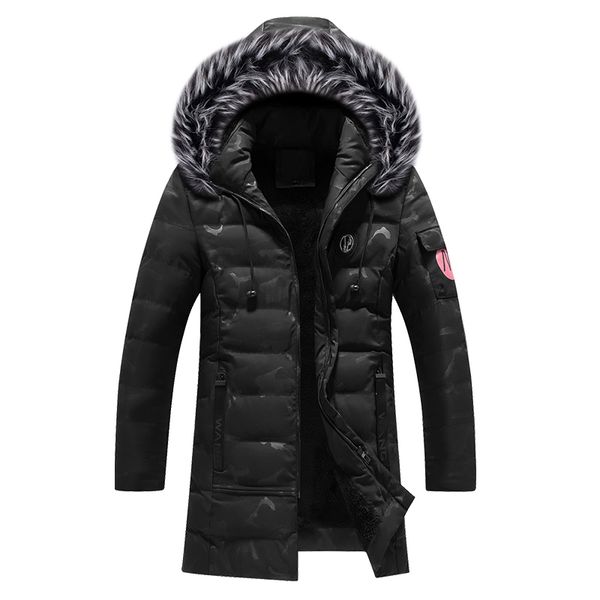 

fashion winter jackets men thick velvet hooded coats fur collar long trench men parka camouflage warm down jackets, Tan;black
