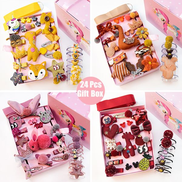 

24pcs/gift unicorn pattern box set children girl hair clip band cartoon animals hairclips kids cute rabbit hairpins wholesale, Slivery;white