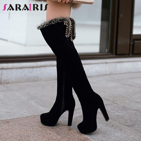 

sarairis new flock ladies party boots high heels over the knee boots women fashion rivet thigh high shoes woman, Black