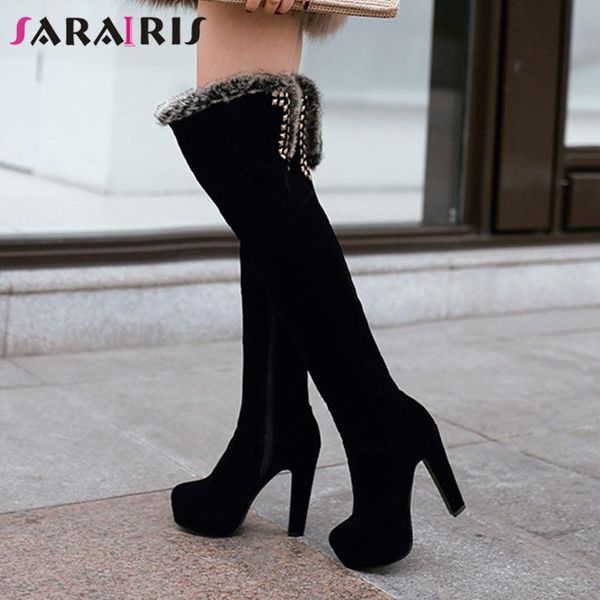 

sarairis brand new flock ladies party boots high heels over the knee boots women fashion rivet thigh high shoes woman, Black